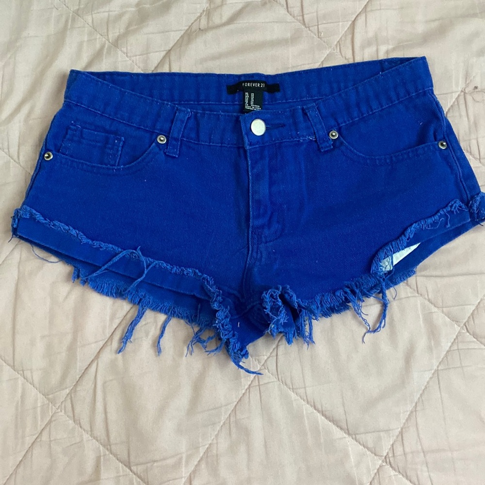 forever 21 blue denim shorts, low waisted, size 26 waist, decent condition